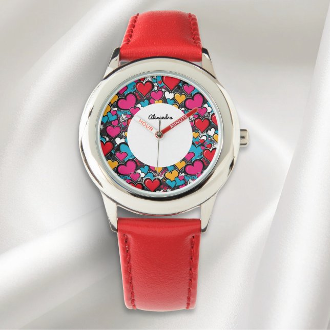Colorful Graffiti Hearts Personalized Name Fashion Armbanduhr (A stylish watch with colorful graffiti hearts design, personalized with a name in elegant script)