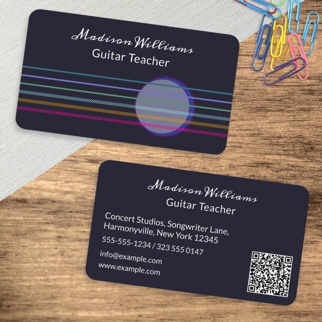 Colorful Guitar Strings Musiklehrer Visitenkarte (A modern business card for the guitar teacher, with custom QR code, contact info and strings design)