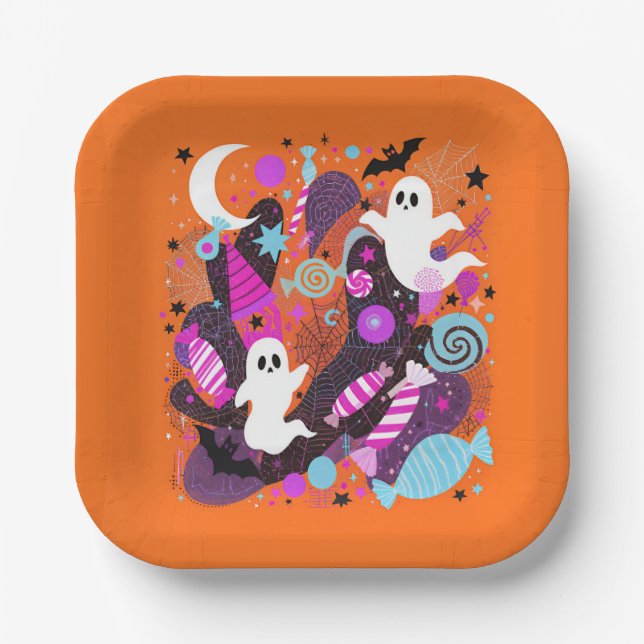 Colorful Halloween Ghosts and Candy Pappteller (Vorderseite)