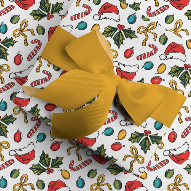 Colorful Hand Drawn Christmas Sketches Geschenkpapier (Hand-drawn Christmas sketches festive holiday gift wrapping paper.)