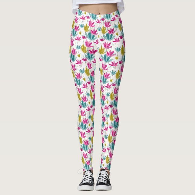 Colorful Hand-Painted Leaf Print Leggings (Vorderseite)