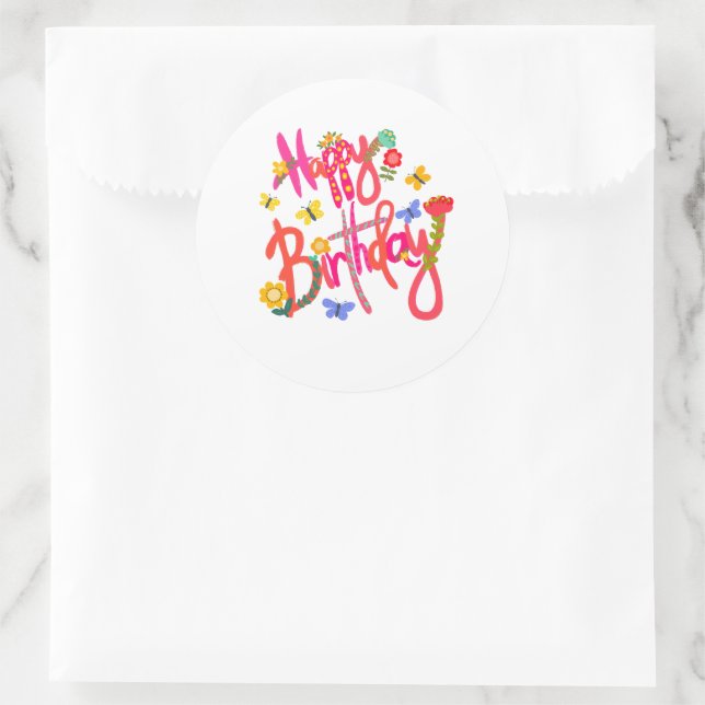 Colorful Happy Birthday Floral & Butterfly Party Runder Aufkleber (Tasche)