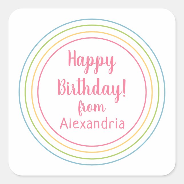 Colorful Happy Birthday from name Pastel Pink Quadratischer Aufkleber (Vorderseite)