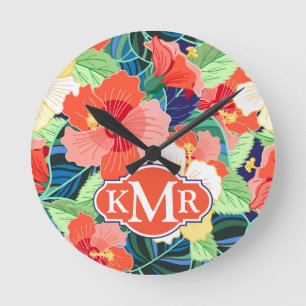 Colorful Hibiscus Pattern Monogram Runde Wanduhr