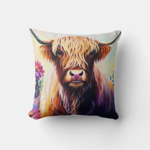 Colorful Highland Cow Floral Art Kissen