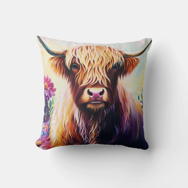 Colorful Highland Cow Floral Art Kissen
