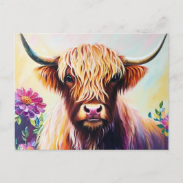 Colorful Highland Cow Floral Art Postkarte