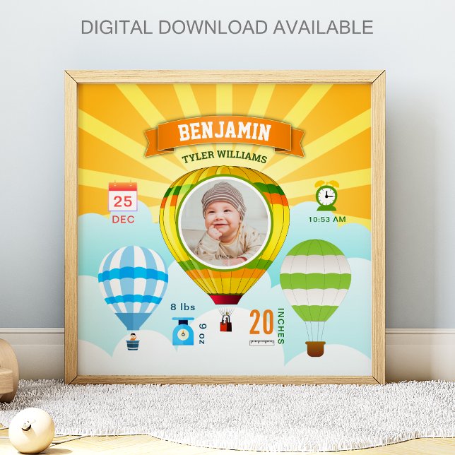 Colorful Hot Air Balloons Baby Photo Birth Stats Poster (Von Creator hochgeladen)