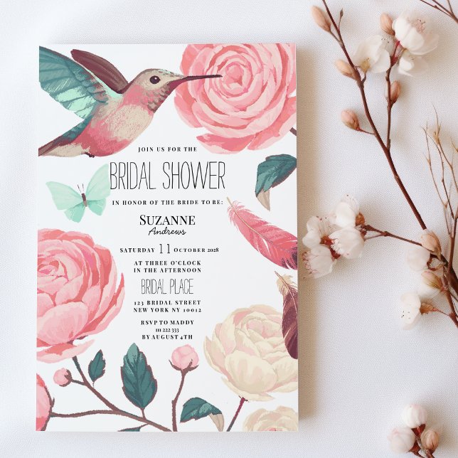 Colorful Hummingbird Floral Spring Bridal Shower Einladung (Colorful Hummingbird Floral Spring Bridal Shower)