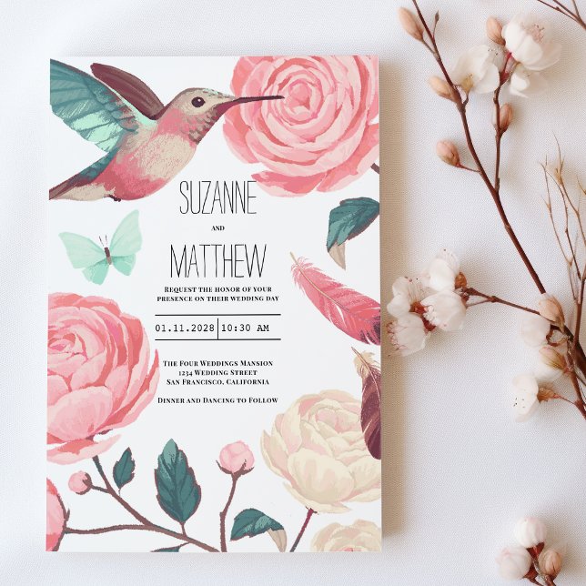 Colorful Hummingbird Floral Spring Wedding Einladung (Colorful Hummingbird Floral Spring Wedding)