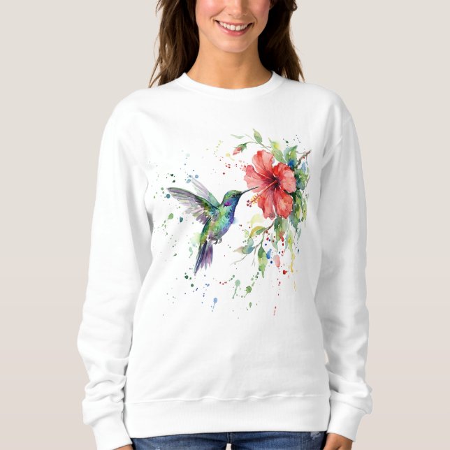 Colorful Hummingbird Watercolor Floral Nature Art Sweatshirt (Vorderseite)