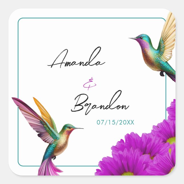 Colorful Hummingbirds Purple Daisies Wedding Quadratischer Aufkleber (Vorderseite)