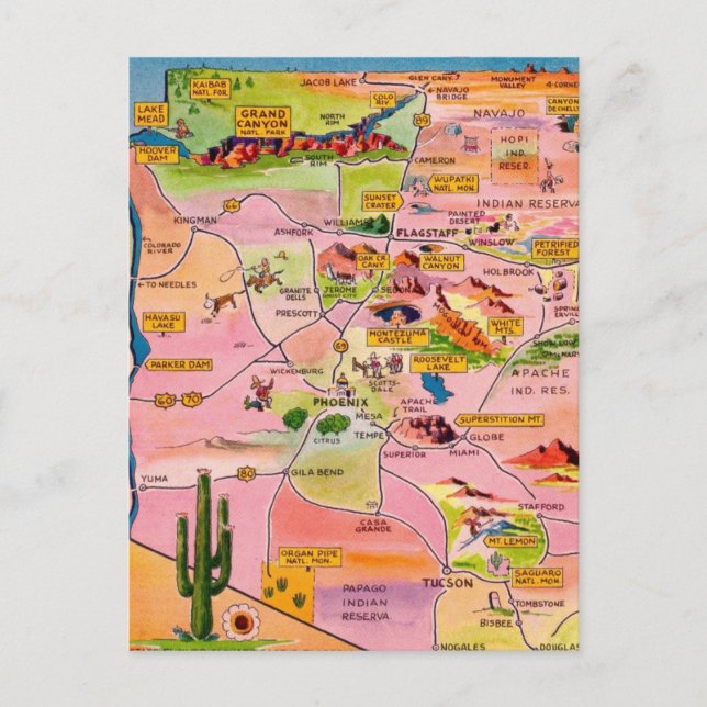 Colorful Illustrated Arizona Map Postcard Postkarte (Vorderseite)