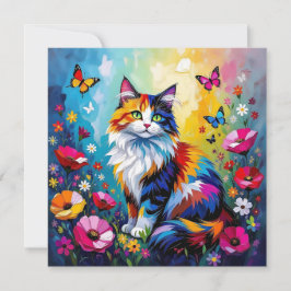 Colorful Impasto Cat, Flowers and Butterflies Karte