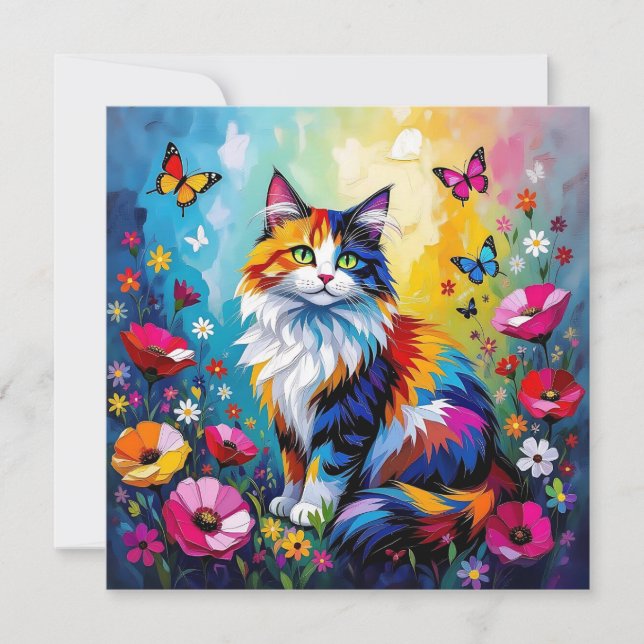 Colorful Impasto Cat, Flowers and Butterflies Karte (Vorderseite)