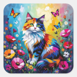Colorful Impasto Cat, Flowers and Butterflies Quadratischer Aufkleber