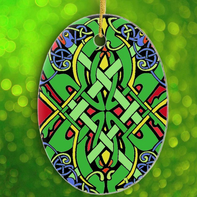 Colorful Irish Celtic Knot Keramikornament (Irish Celtic Knot design intertwined loops in green blue yellow and red on hanging ornament.)