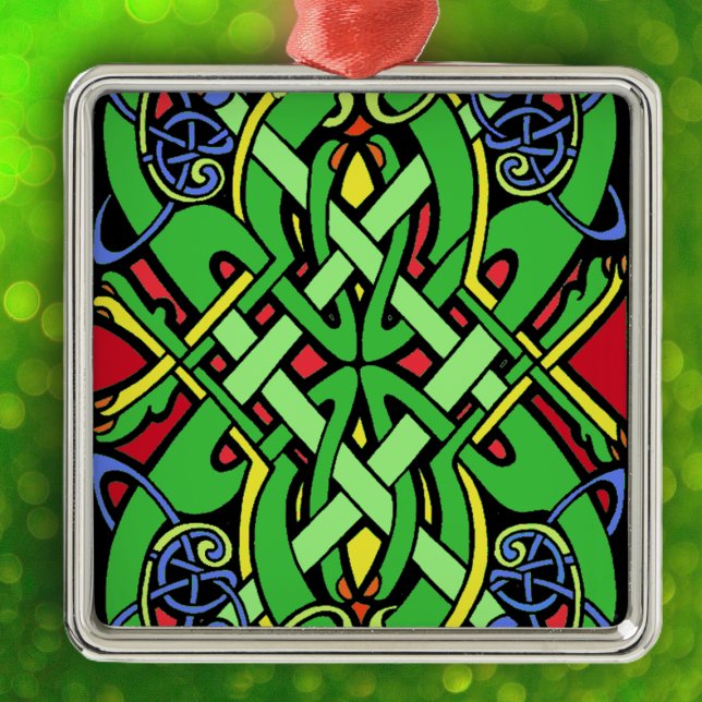 Colorful Irish Celtic Knot Silbernes Ornament (Irish Celtic ornate knot design in green, yellow blue, and red on hanging ornament.)