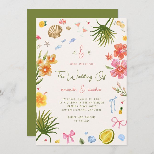 Colorful Island Whimsical Beach Tropical Wedding Einladung (Vorne/Hinten)