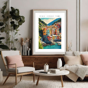 Colorful Italy Cinque Terre Village Watercolor Poster