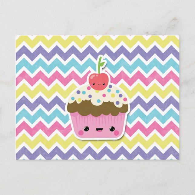 Colorful Kawaii Cupcake on Chevrons Postkarte (Vorderseite)