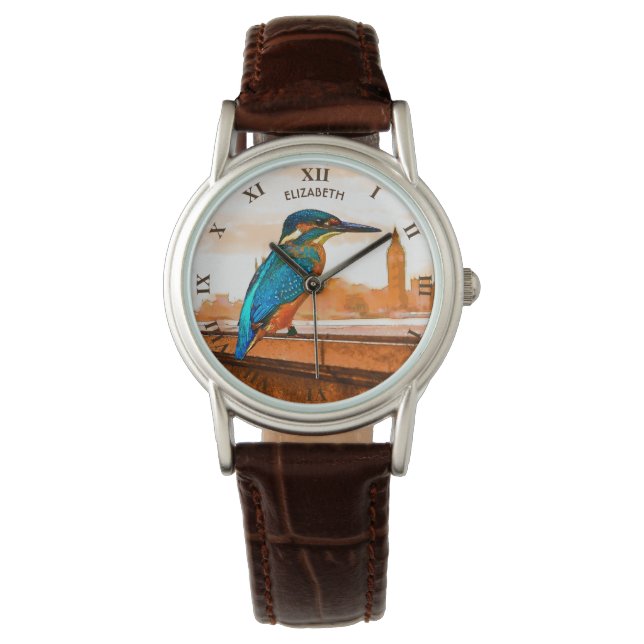 Colorful Kingfisher Bird With London Skyline Armbanduhr (Vorderseite)