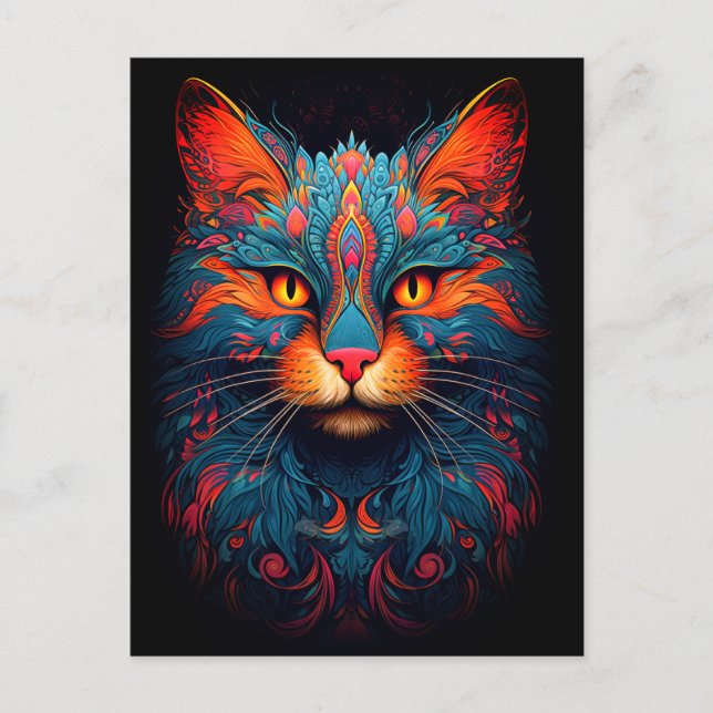 Colorful Kitty Cat Animal Psychedelic Fantasy Art Postkarte (Vorderseite)