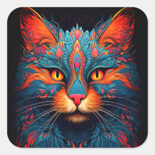 Colorful Kitty Cat Animal Psychedelic Fantasy Art Quadratischer Aufkleber