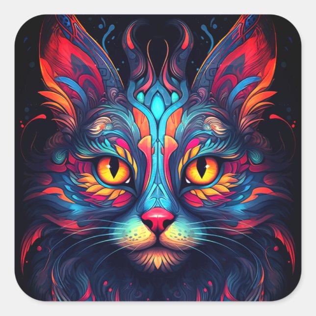 Colorful Kitty Cat Animal Psychedelic Fantasy Art Quadratischer Aufkleber (Vorderseite)