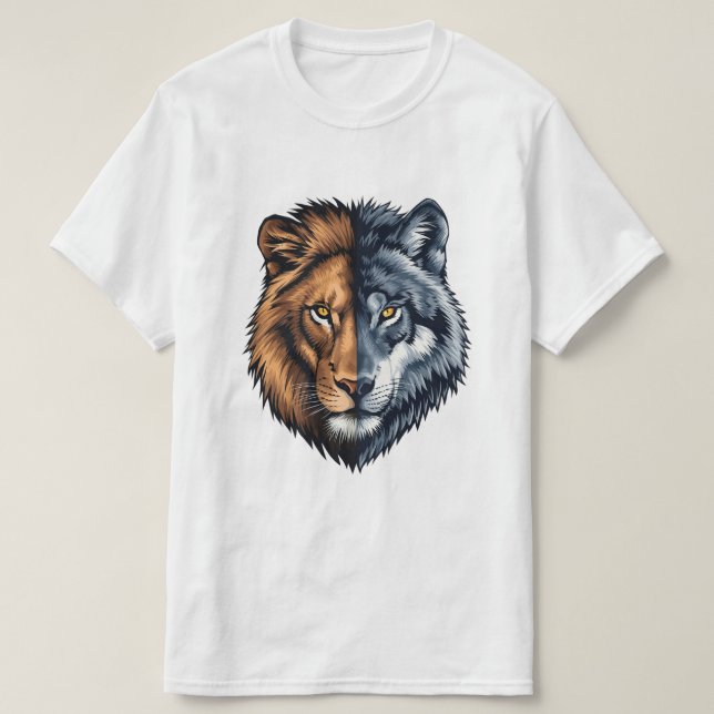 Colorful Lion Wolf Split Face Illustration  T-Shirt (Design vorne)