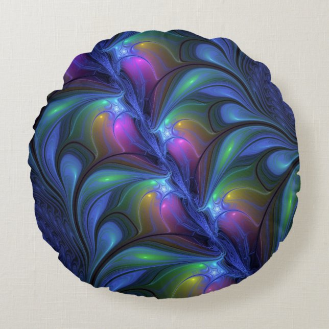 Colorful Luminous Abstract Blue Pink Green Fractal Rundes Kissen (Vorderseite)