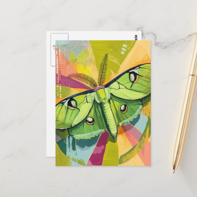 Colorful Luna Moth Painting Postkarte (Vorderseite/Rückseite Beispiel)