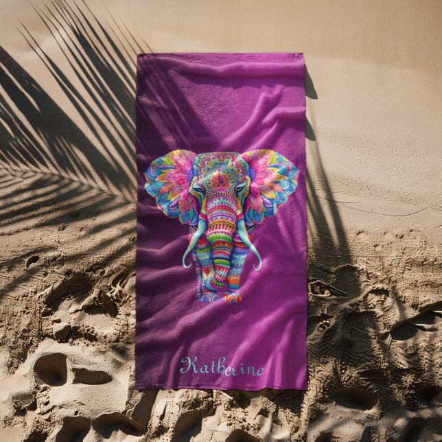 Colorful Mandala Elephant with Customized Name Strandtuch (Von Creator hochgeladen)