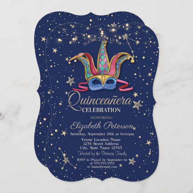 Colorful Masque Navy Blue Stars Quinceañera Einladung (Vorne/Hinten)