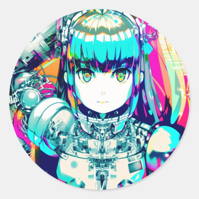 Colorful Mecha Anime Girl Runder Aufkleber (Vorderseite)