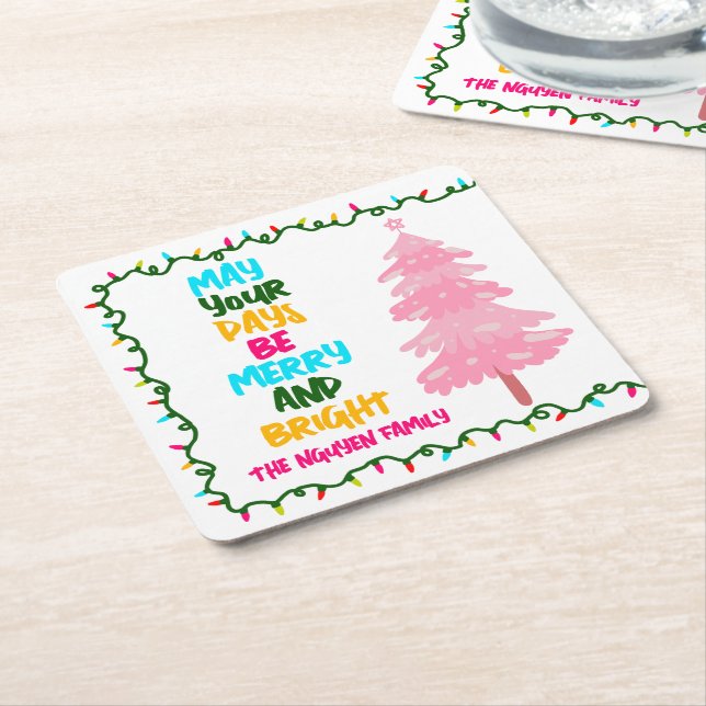 Colorful Merry Bright Pink Christmas Tree Party Rechteckiger Pappuntersetzer (angewinkelt)