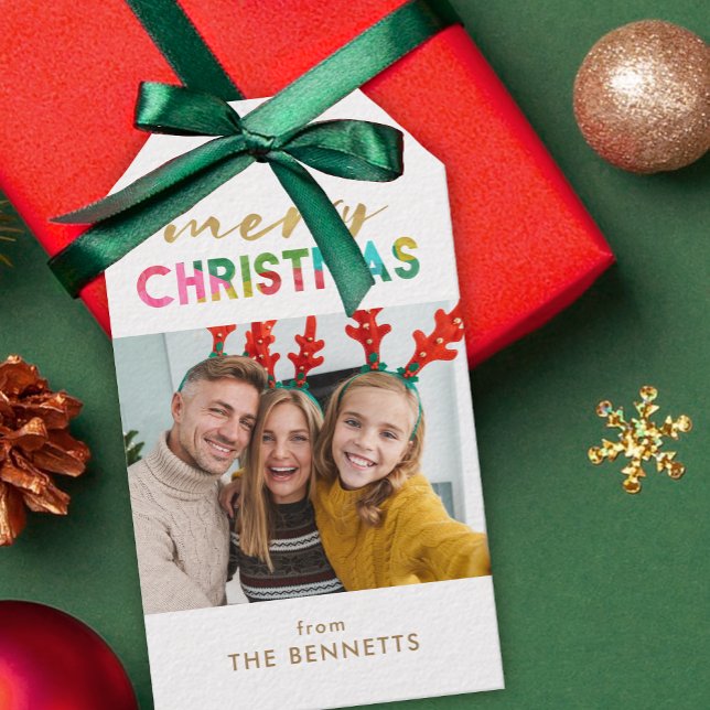 Colorful Merry Christmas Photo | Trees Back Geschenkanhänger (Von Creator hochgeladen)