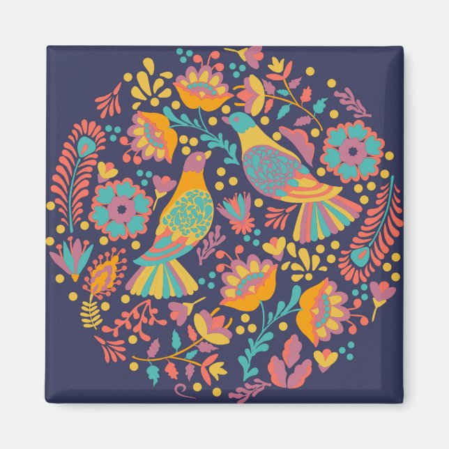 Colorful Mexican Folk Art Birds and Flowers Blue Magnet (Vorne)