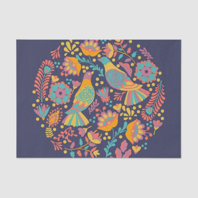 Colorful Mexican Folk Art Birds and Flowers Blue Seidenpapier (Vorderseite)