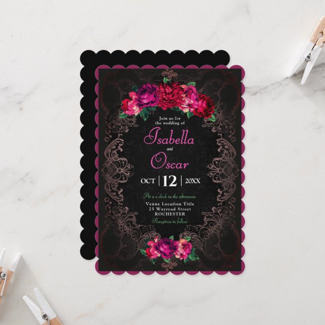 Colorful Mexican pink floral wedding black Einladung (Vorderseite/Rückseite Beispiel)