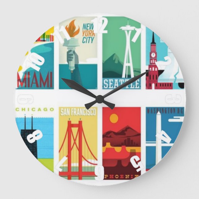 Colorful Miami San Francisco Seattle Travel Clock Große Wanduhr (Vorderseite)