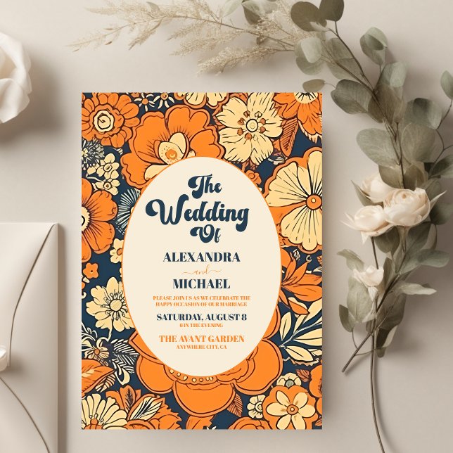 Colorful Modern Groovy Retro 70s Floral Wedding Einladung (Von Creator hochgeladen)