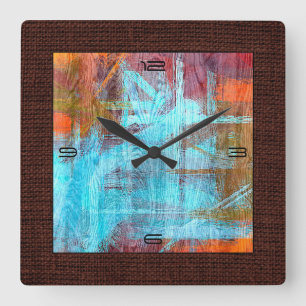 Colorful Modern Wood Grain Burlap Border Quadratische Wanduhr