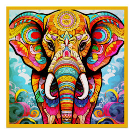 Colorful Mosaic Elephant on a Glossy Wall Poster