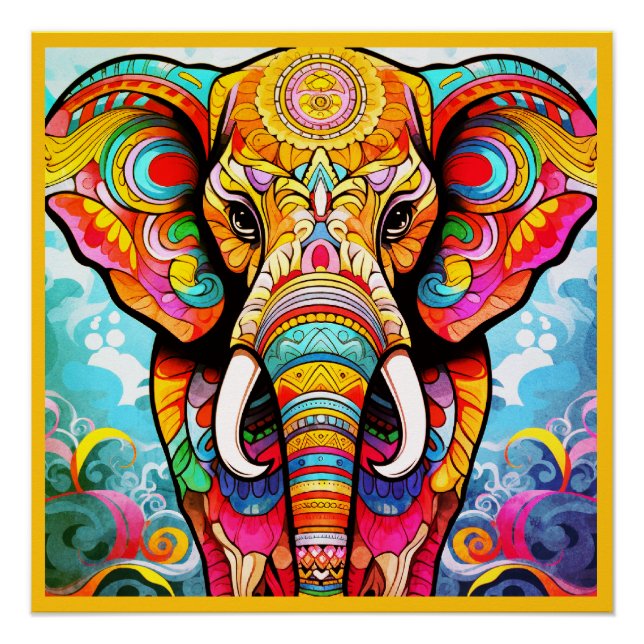 Colorful Mosaic Elephant on a Glossy Wall Poster (Vorderseite)