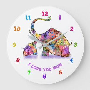 Colorful Mother and Baby Elephant Wall Clock Große Wanduhr