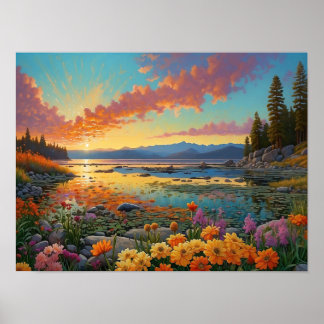 Colorful Mountain Lake Flowers Art Poster