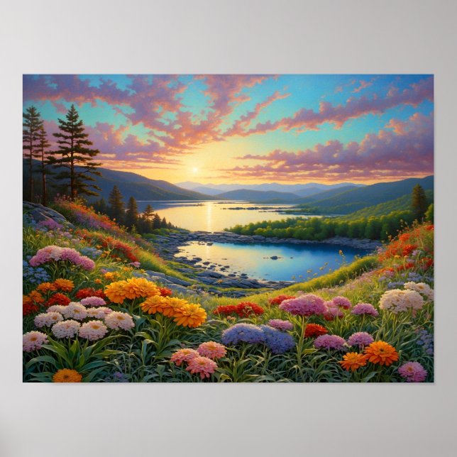 Colorful Mountain Lake Flowers Art Poster (Vorne)