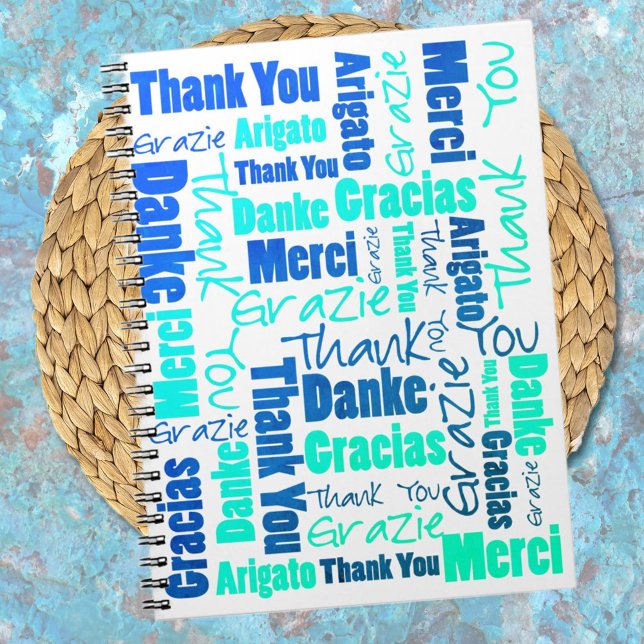 Colorful Multilingual Dankeschön Journal Notizblock (Show your daily gratitude with a multilingual thank you notebook cover in blue and green typography.)