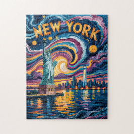 Colorful New York Skyline Retro Liberty Cityscape Puzzle